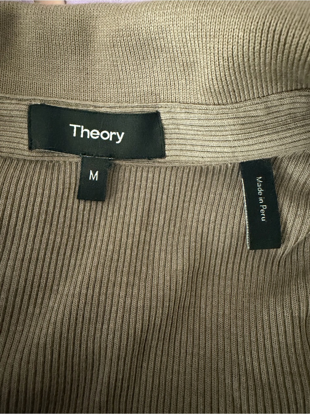 Theory Women’s Taupe Brown Button-Up Ribbed Knit Long-Sleeve Collared Shirt - Picture 3 of 4
